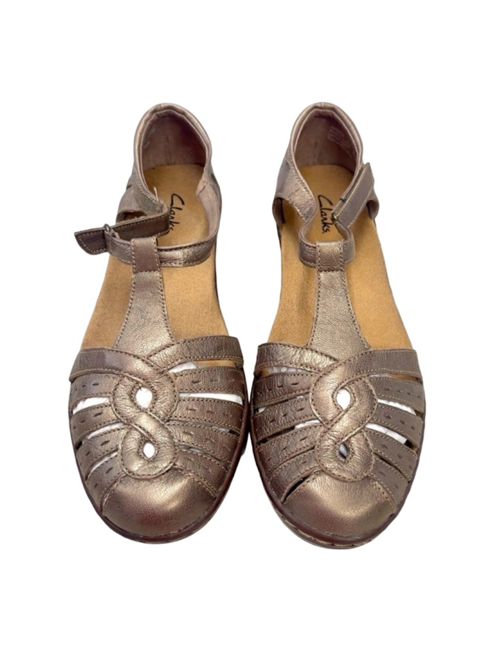 Clarks Wendy Metallic Brown Color Leather T-Strap Sandal Size 9